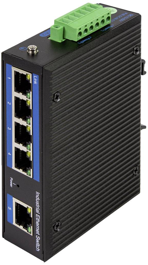 Průmyslový ethernetový switch s pěti ethernetovými porty a zeleným napájecím blokem, černý kryt, svisle orientovaný.