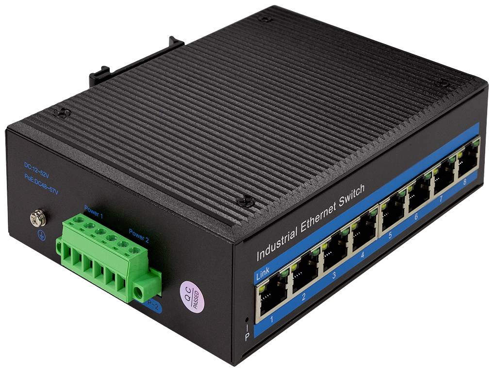 Průmyslový ethernetový switch s 8 porty, hlavní pohled ukazuje připojení a stavové kontrolky na přední straně.