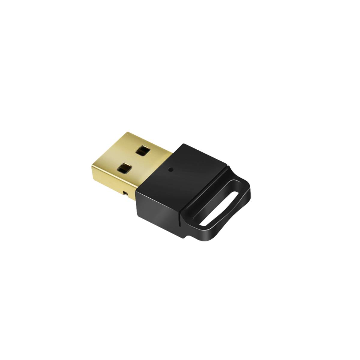 Malý USB konektor s černým tělem a zlatým konektorem. Zobrazuje přední a spodní stranu konektoru.