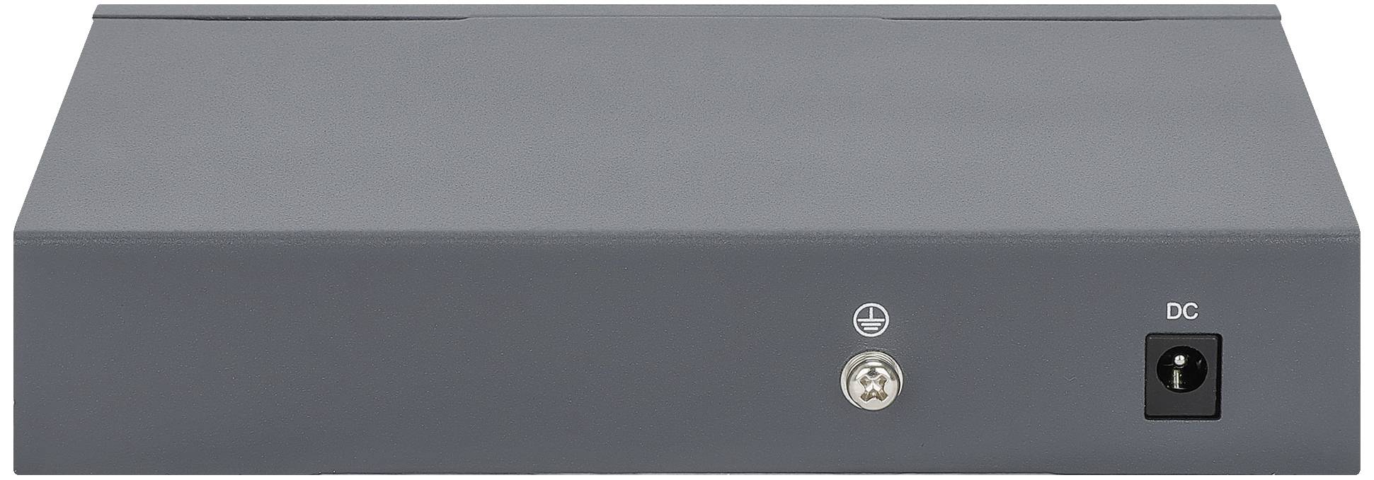 Šedý elektronický box s napájecím konektorem a uzemňovací svorkou na přední straně.