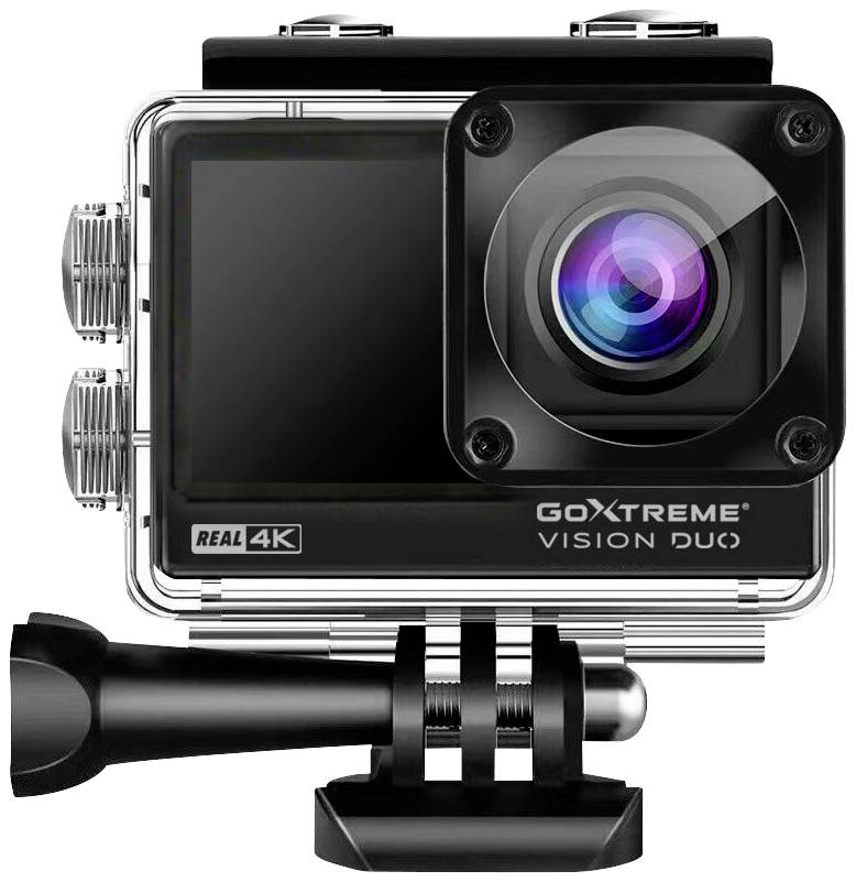 Akční kamera GoXtreme Vision Duo s rozlišením 4K. Je umístěná ve vodotěsném obalu, což ji činí ideální pro venkovní natáčení.