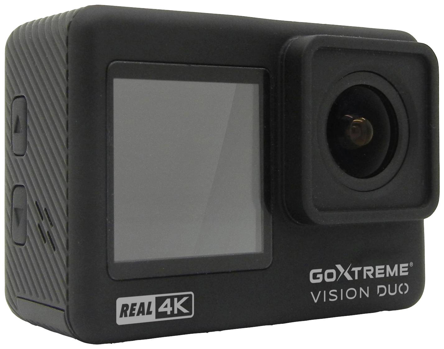 Černá akční kamera 'GoXtreme Vision Duo' s rozlišením 4K, optický systém vpravo, displej vlevo na přední straně těla kamery.