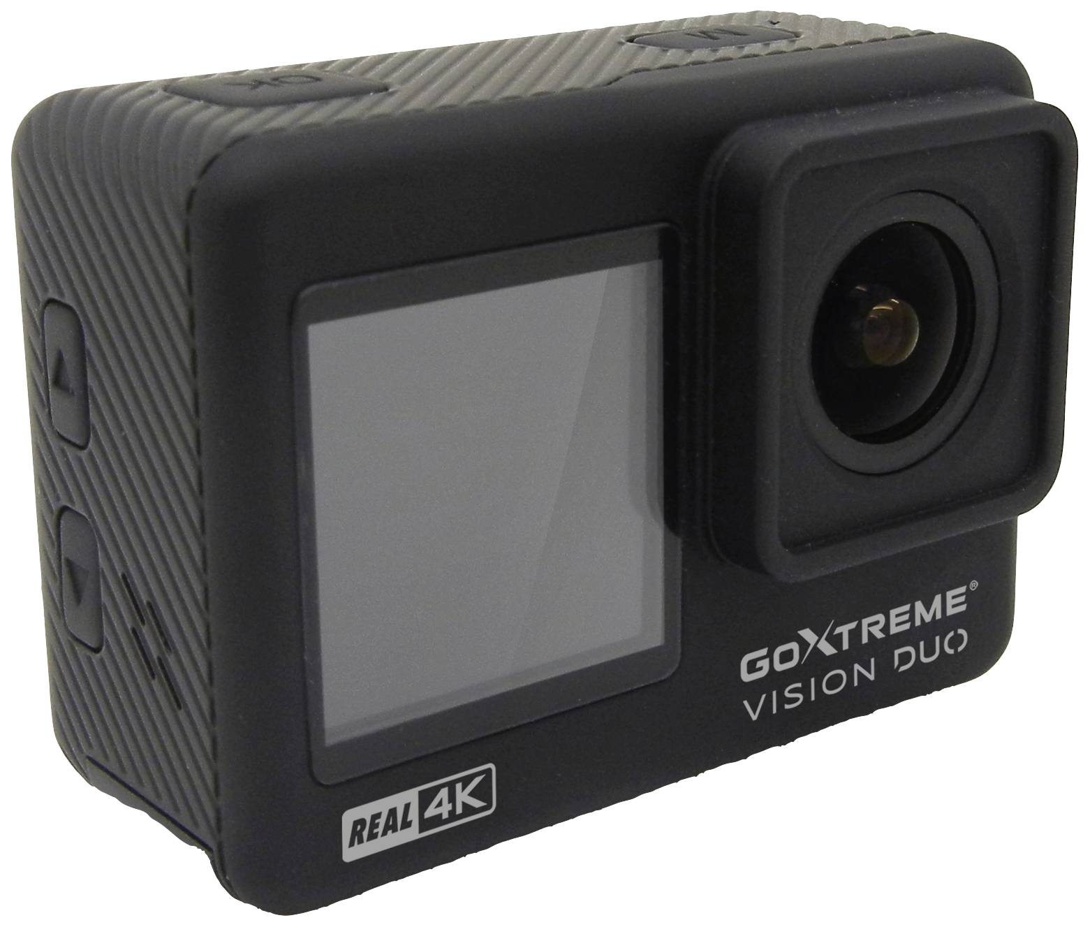 Akční kamera v černé barvě s objektivem na přední straně. Označená textem "GOXTREME VISION DUO" a "REAL 4K".