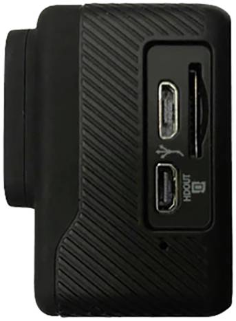 Černá, obdélníková akční kamera s konektory HDMI a USB na boku.
