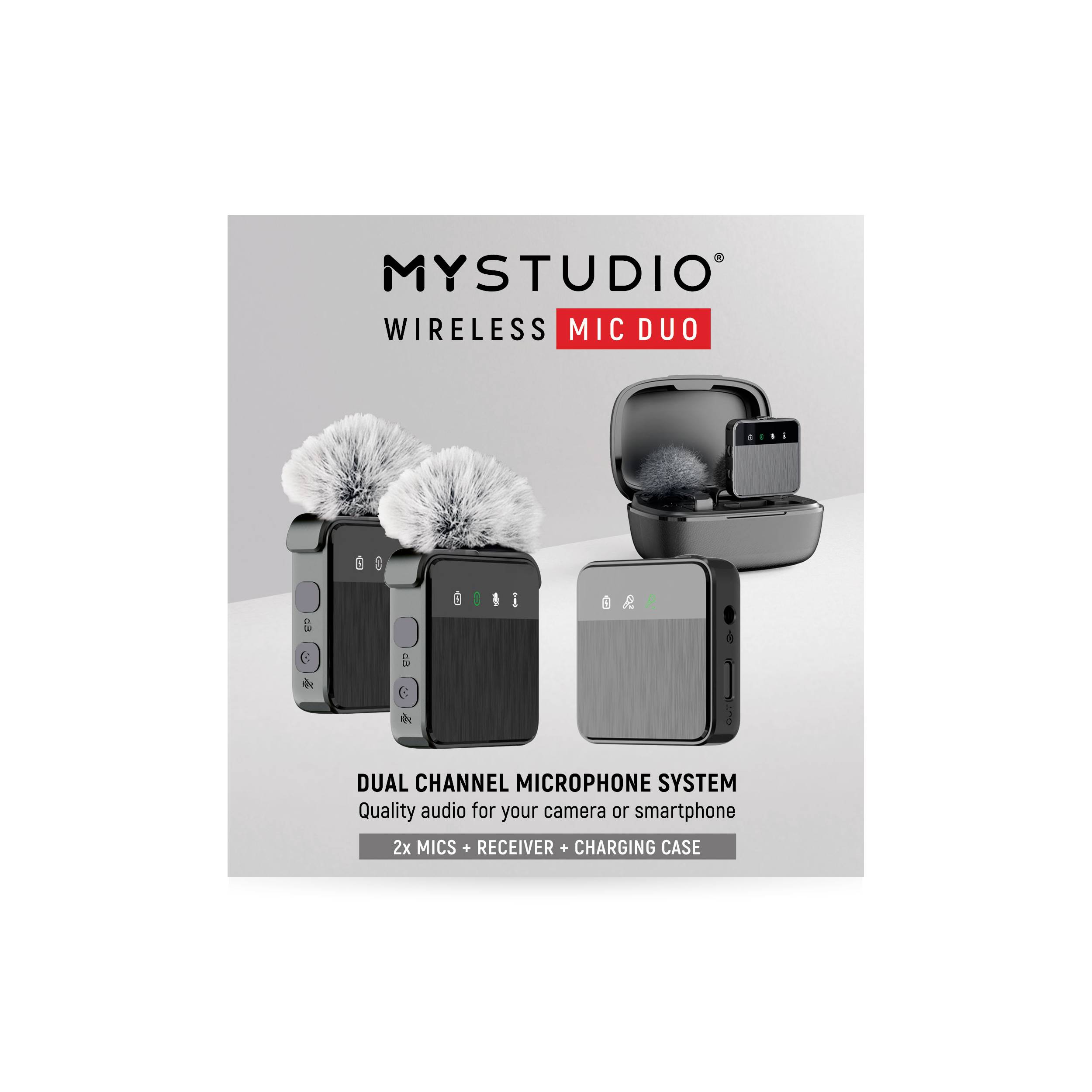 Bezdrátový mikrofon Duo od MYSTUDIO. Obsahuje dva mikrofony, přijímač a nabíjecí stanici. Vhodný pro vysoce kvalitní audio nahrávky.