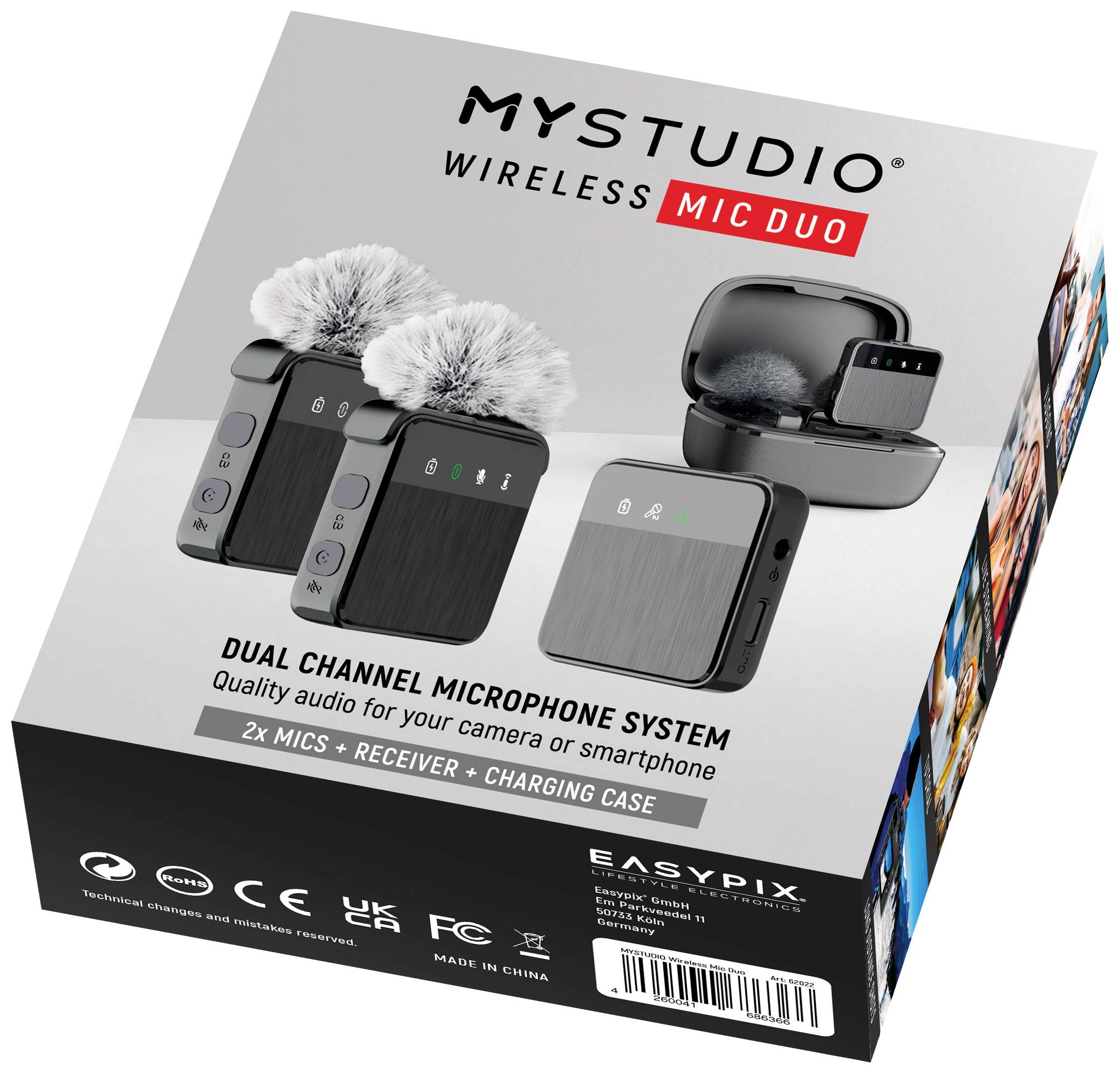 Dva kompaktní bezdrátové mikrofony, přijímač a nabíjecí pouzdro. Balení s nápisem 'MYSTUDIO Wireless Mic Duo'. Vhodné pro kameru nebo smartphone.