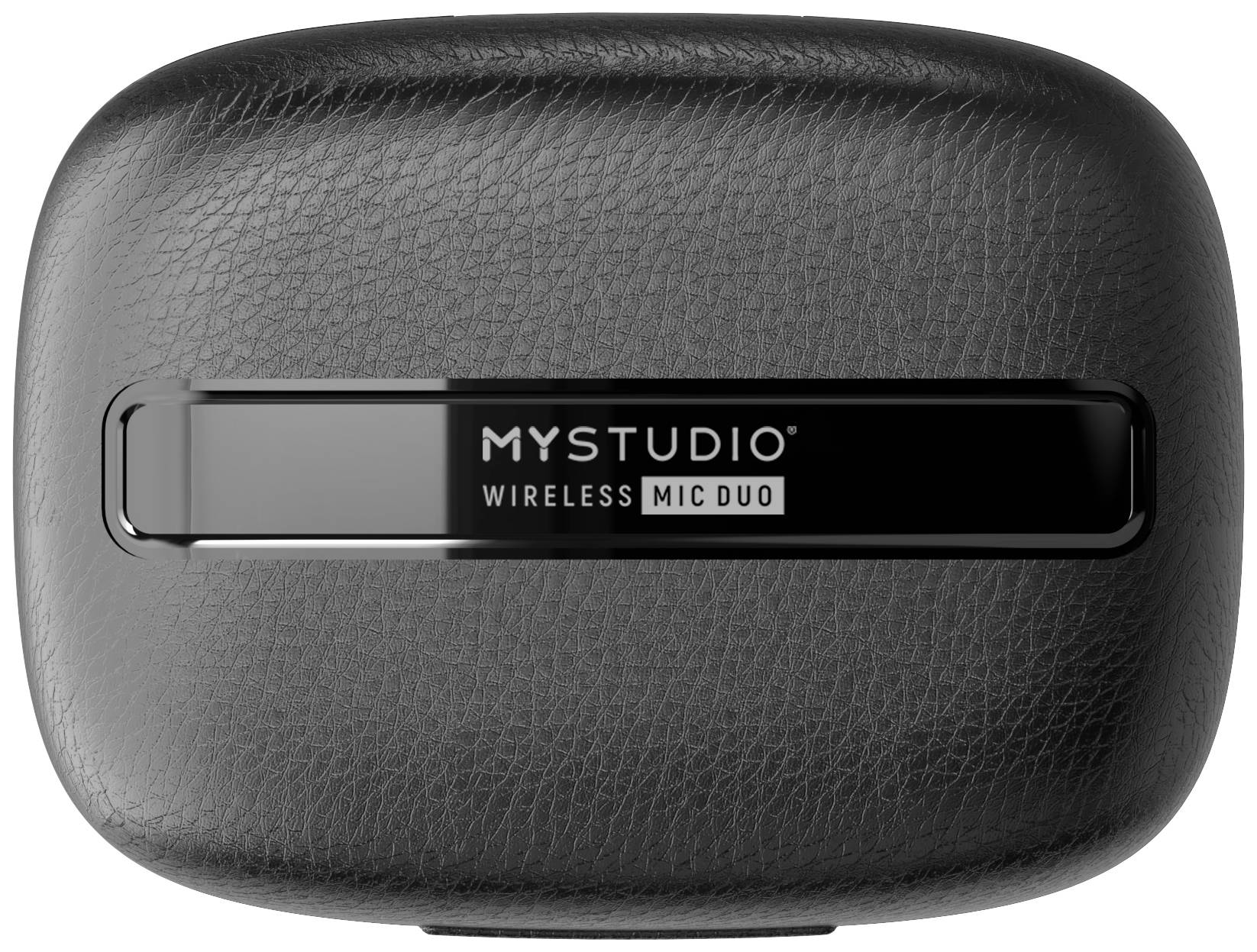Černá obdélníková taška s textem 'MYSTUDIO Wireless Mic Duo' na přední straně. Obsahuje bezdrátový mikrofonní systém.