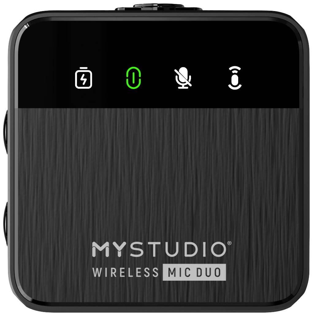 Přijímač 'MY STUDIO Wireless Mic Duo' s LED indikátory pro baterii, připojení a mikrofonní vstup.