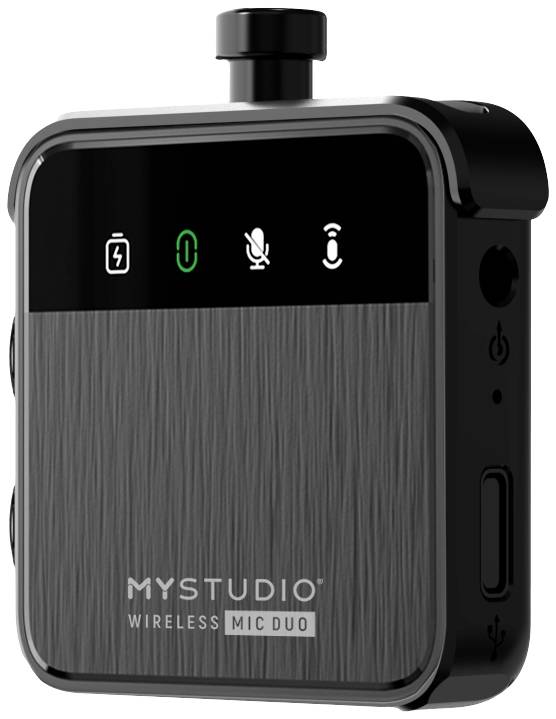 Bezdrátový mikrofon s indikačními LED diodami pro stav baterie, připojení, ztlumení a použití. Označení 'MYSTUDIO WIRELESS MIC DUO'.