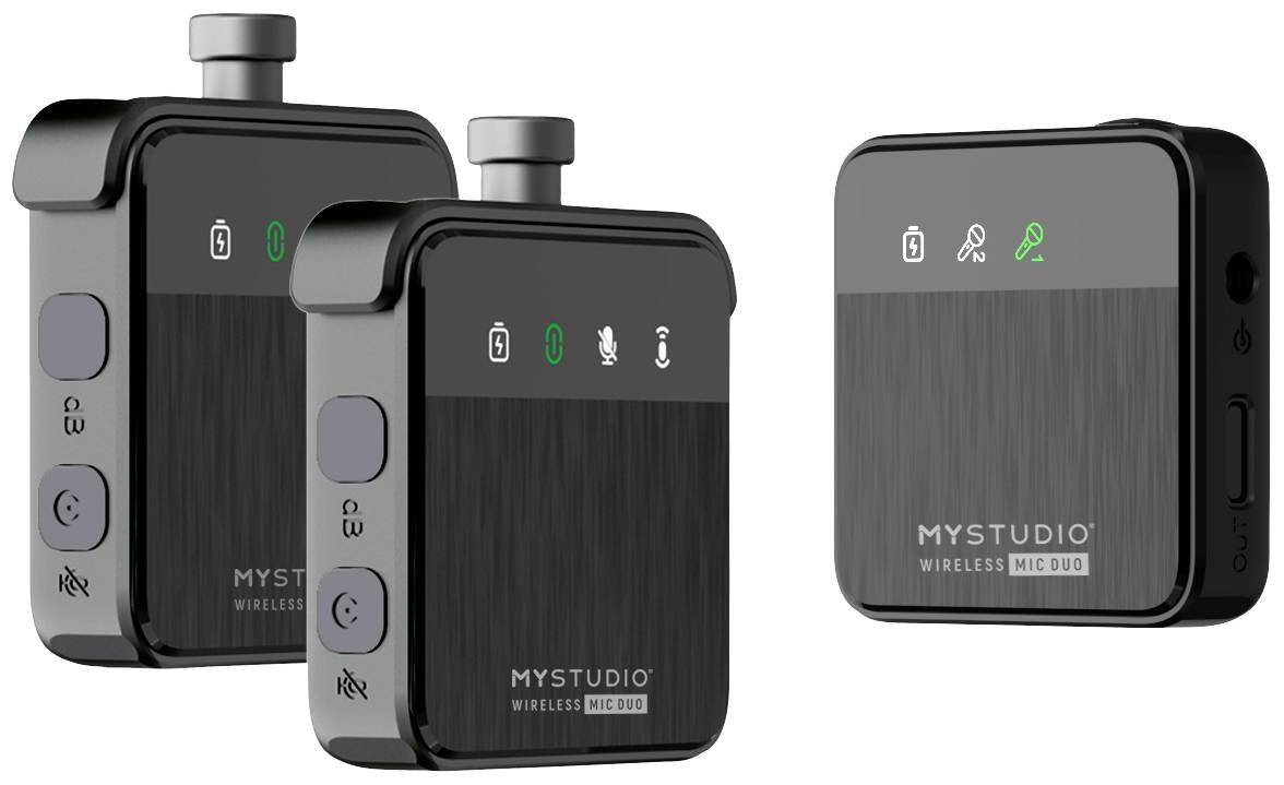 Dva černé bezdrátové mikrofony a přijímač s LED indikátory a názvem značky 'MyStudio Wireless Mic Duo', pohled z boku.