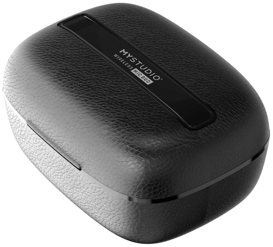 Černý obdélníkový úložný box s textem 'MYSTUDIO WIRELESS RECHARG' na víku.