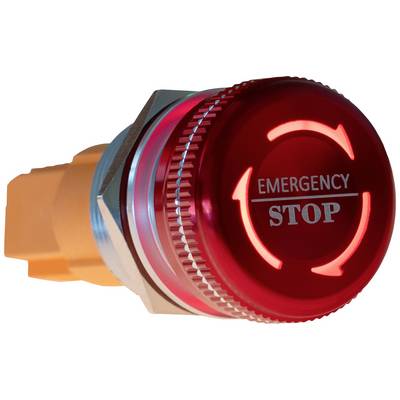 Červený nouzový vypínač s nápisem 'EMERGENCY STOP', obklopený světelným prstencem.