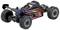 Černé hračkářské auto s červenými a modrými pruhy a nápisem 'Sport Racing' na boku. Má silné terénní pneumatiky.
