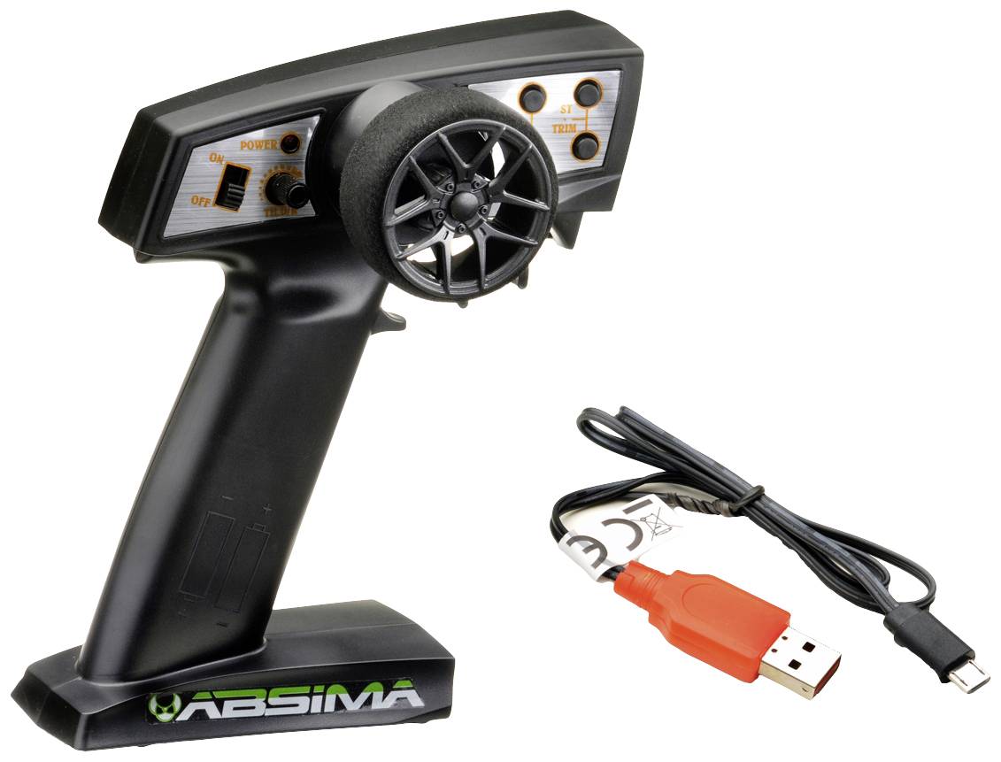 Dálkové ovládání se dvěma pákami a několika tlačítky vpravo. Vedle něj USB kabel s červenou koncovkou.