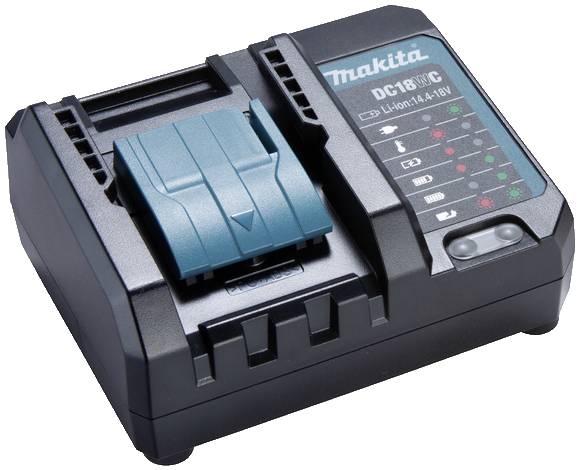 Nabíječka baterií Makita, model DC18RC, s LED indikátory stavu nabití, vhodná pro lithium-iontové baterie 14,4-18V.