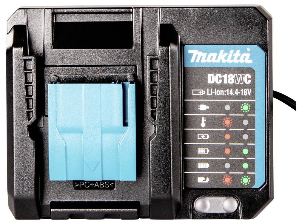 Nabíječka baterií Makita s indikačními světly zobrazujícími stav nabíjení pro baterie s rozsahem 14,4V až 18V.