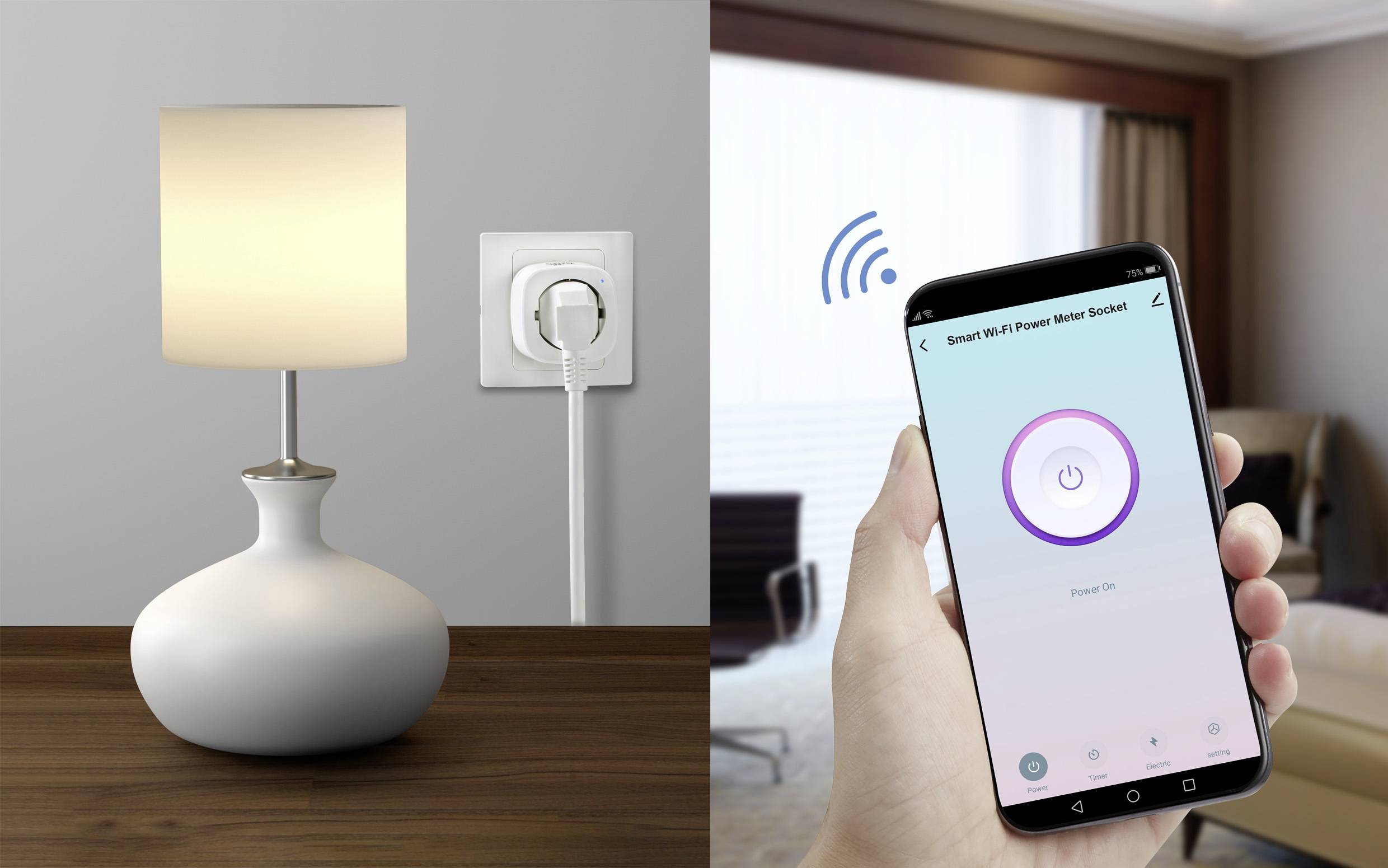 Vlevo: Stolní lampa svítí, připojená do elektrické zásuvky. Vpravo: Ruka drží smartphone s aplikací pro ovládání zásuvky.
