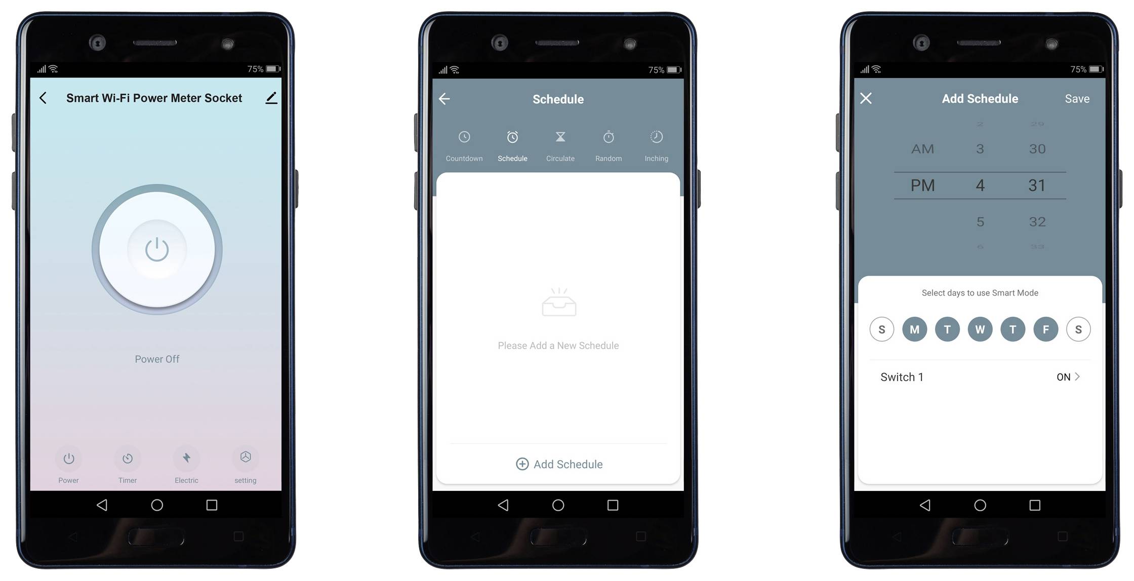 Tři obrazovky smartphonu zobrazují ovládání inteligentní Wi-Fi zásuvky. Vlevo: Stav 'Vypnuto'. Uprostřed: Přidání plánu. Vpravo: Nastavení plánu pro 'Spínač 1' na 4:31.