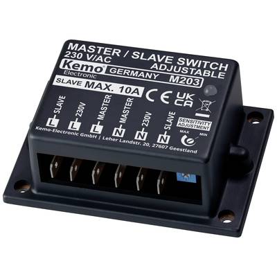 Přepínač Master/Slave, elektrické spínací zařízení, nastavitelné, max. 10A zátěž. Obsahuje svorky s označením: 'Slave', '230V', 'Master'.