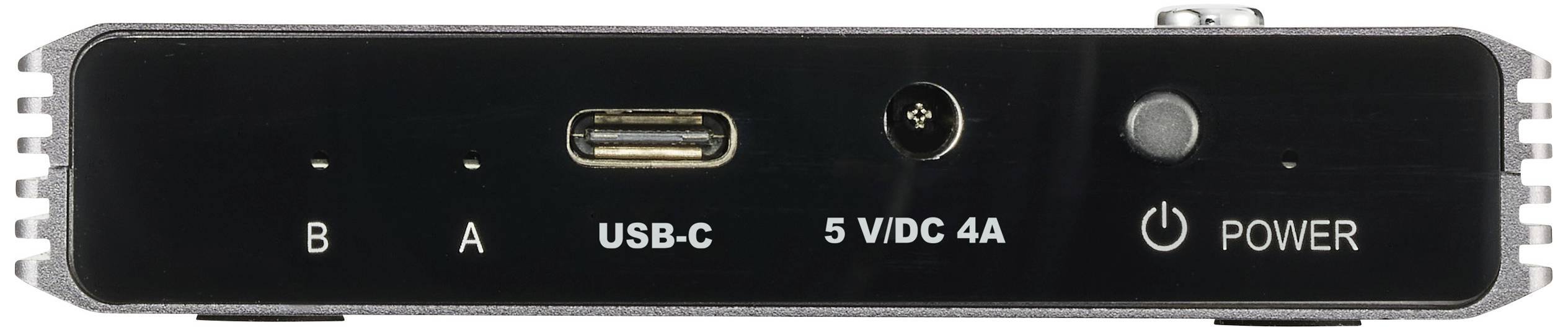 Přední strana elektronického zařízení s konektory: USB-C, 5V 4A a kulatým zapínacím tlačítkem s nápisem 'POWER'.