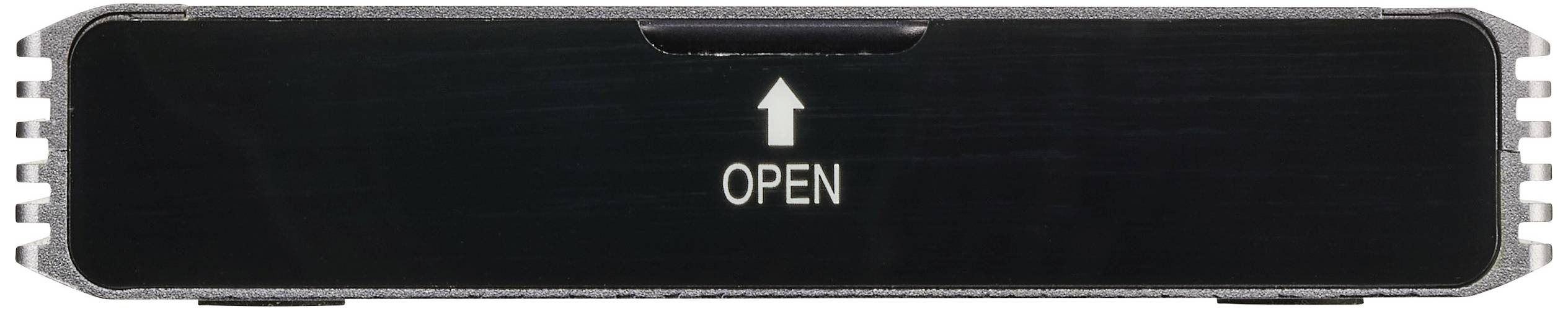 Černý modul s bílou šipkou a nápisem 'OPEN' ukazuje směr otevření.