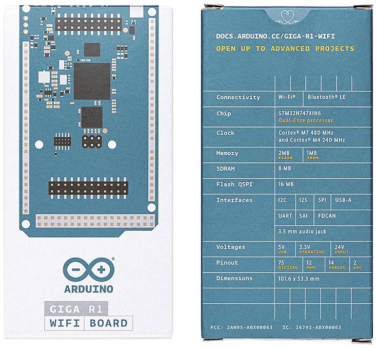 Krabice 'GIGA R1 WiFi-Board' zobrazuje grafiku desky vlevo. Vpravo jsou uvedeny specifikace jako čip, rychlost, paměť a rozhraní.