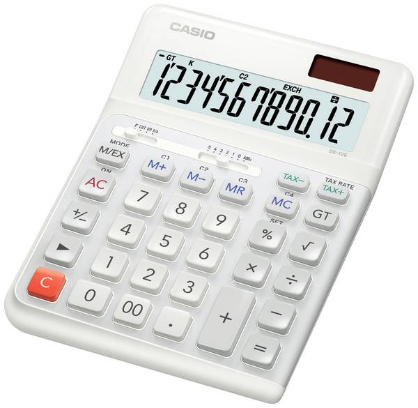 Casio DE-12E-WE  stolní kalkulačka, displej (počet míst) 12, na baterii, solární napájení, bílá