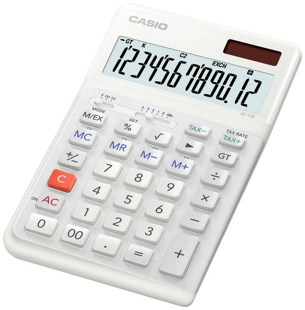 Casio JE-12E-WE  stolní kalkulačka, displej (počet míst) 12, na baterii, solární napájení, bílá