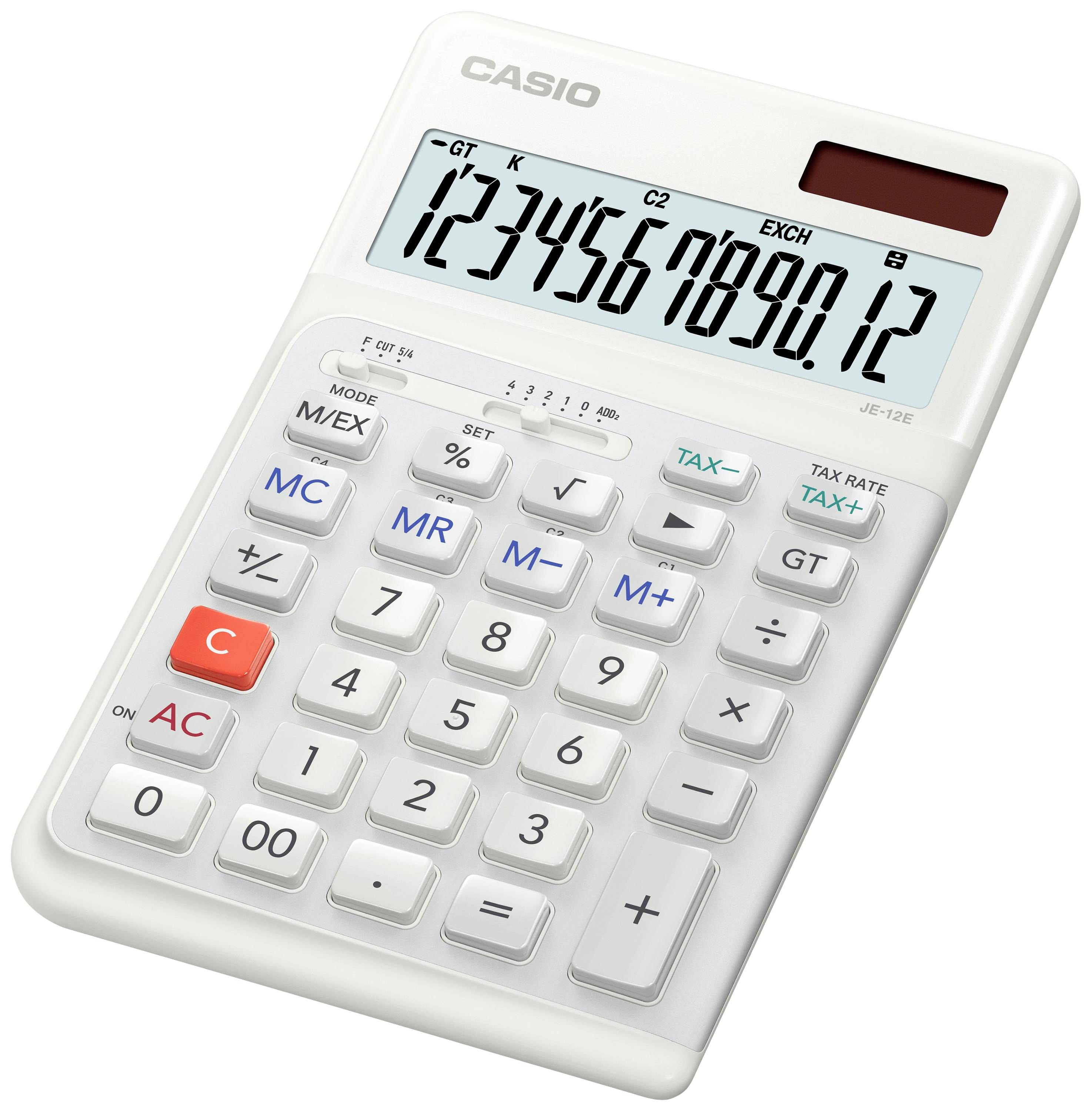 Bílá kalkulačka značky Casio s displejem zobrazujícím čísla '123456789012'. Obsahuje tlačítka pro základní aritmetické operace a paměťové funkce.
