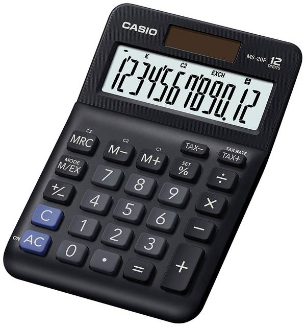 Casio MS-20F  stolní kalkulačka, displej (počet míst) 12, na baterii, solární napájení, černá
