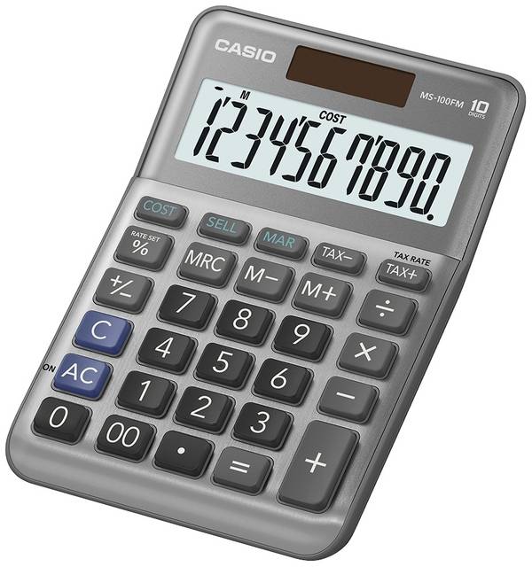 Casio MS-100FM  stolní kalkulačka, displej (počet míst) 10, na baterii, solární napájení, šedá