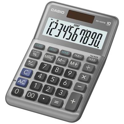 Šedý kalkulátor s displejem zobrazujícím čísla '1234567890'. Obsahuje tlačítka pro základní matematické operace a speciální funkce.