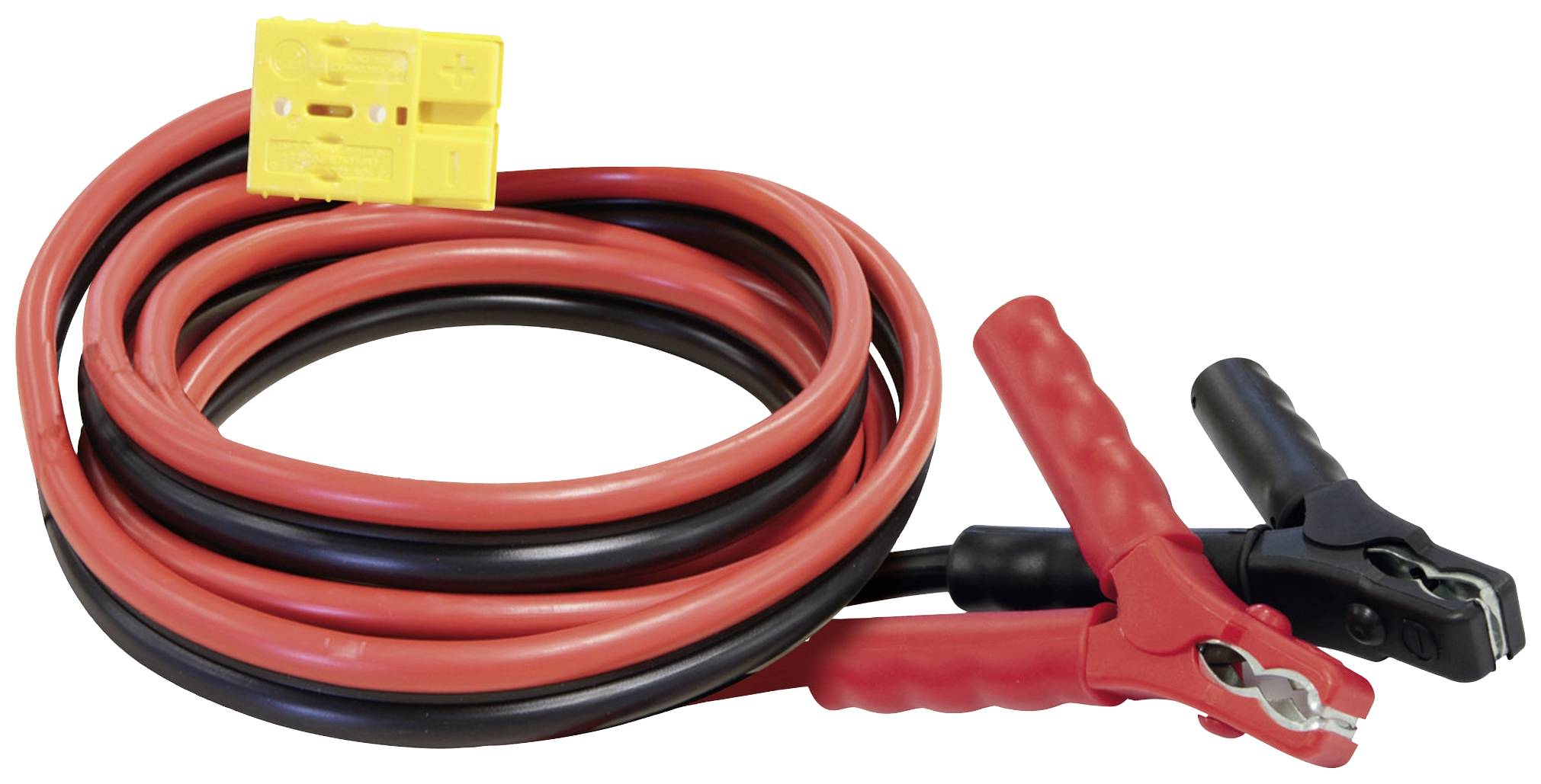 Červený a černý startovací kabel s svorkami, navinutý s žlutým konektorem. Používá se pro nastartování automobilu s vybitou baterií.