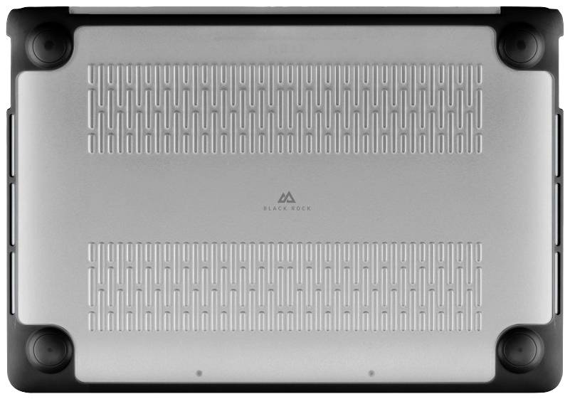 Pohled zespodu na notebook ukazuje větrací mřížky a gumové rohové kryty, což naznačuje robustní a ochranný design.