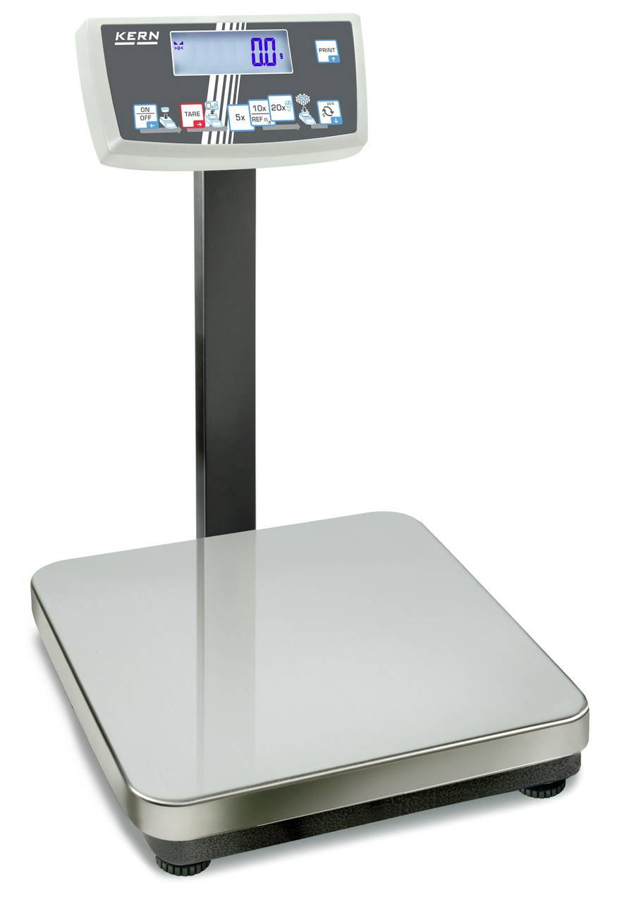 Průmyslová váha s digitálním displejem, zobrazující '0,0'. Vhodná pro přesné vážení zboží. Robustní kovový design.