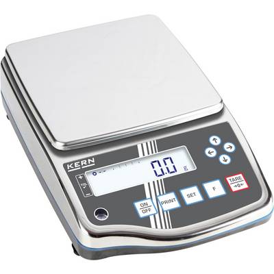 Digitální váha s velkým displejem, zobrazuje 0,0 g. Tlačítka pro zapnutí/vypnutí, tisk, menu, taru. Stříbrná plošina, černý rámeček.