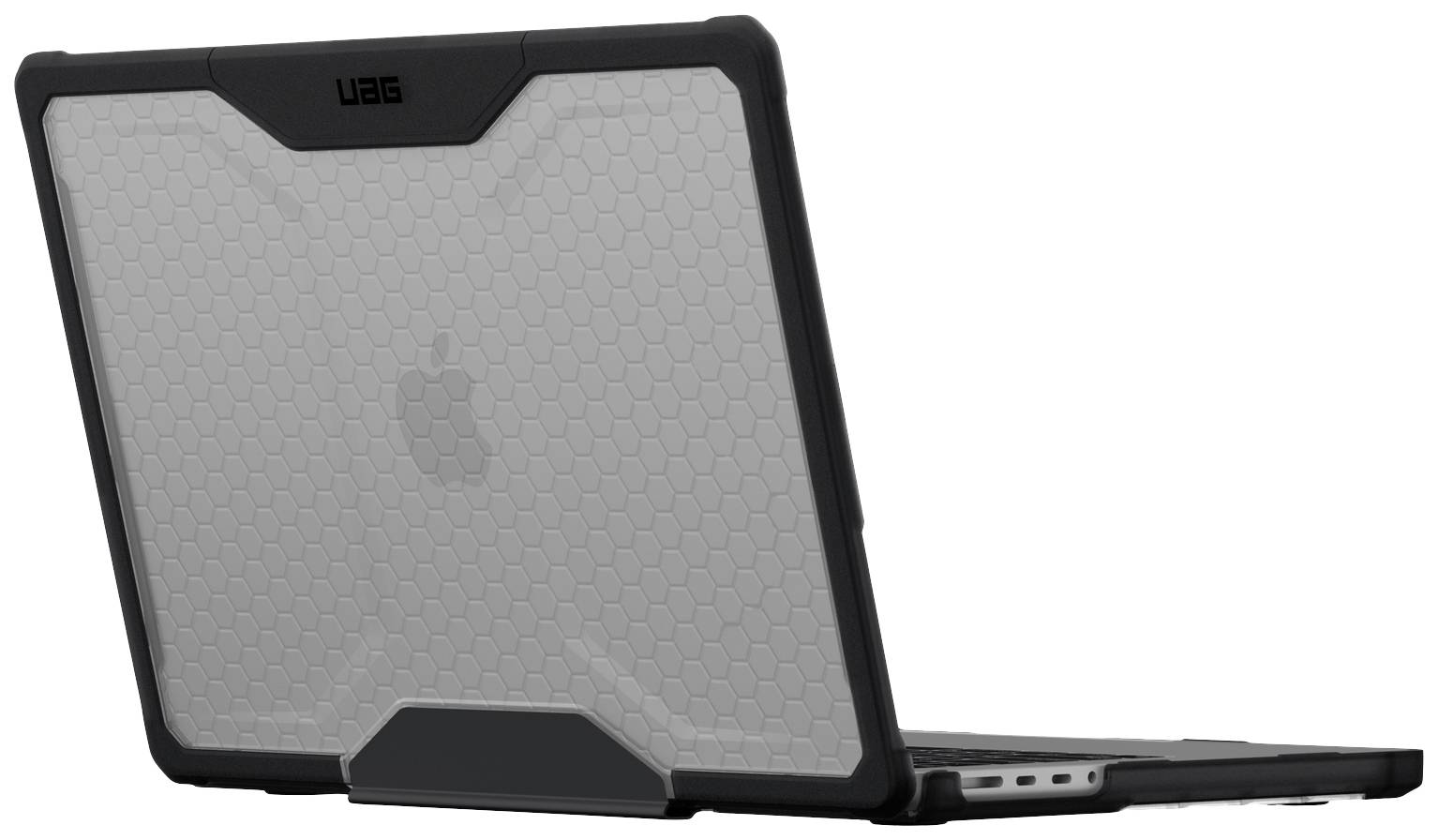 Laptop v robustním obalu s hexagonálním vzorem, viditelné logo Apple. Obal poskytuje ochranu a stabilitu.