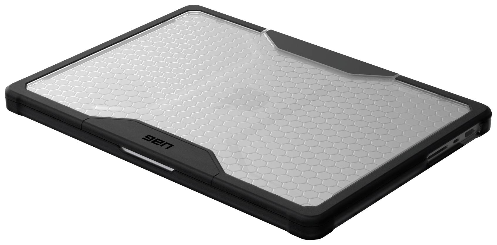 Černý ochranný kryt s hexagonálním vzorem. Je navržen pro laptopy a poskytuje robustní ochranu před nárazy a škrábanci.