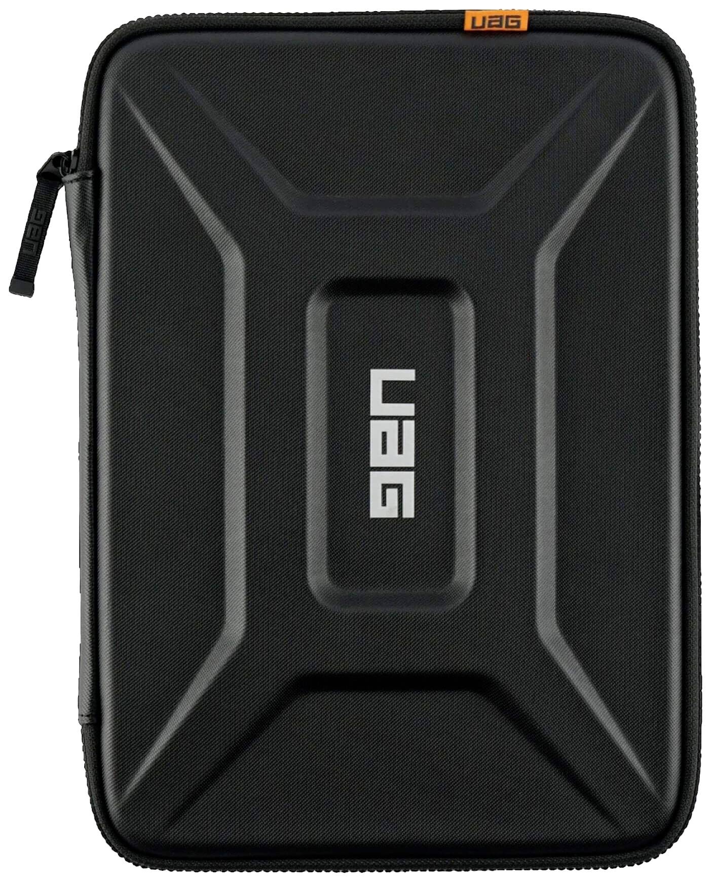 Černý, robustní UAG obal na tablet s výrazným geometrickým designem a zipem po straně.