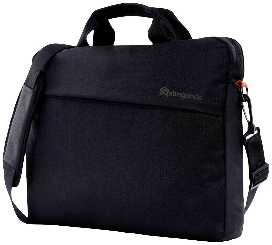 Černá taška na notebook s ramenním popruhem, rukojetí a viditelným logem 'stmgoods' na boku. Ideální pro přepravu.