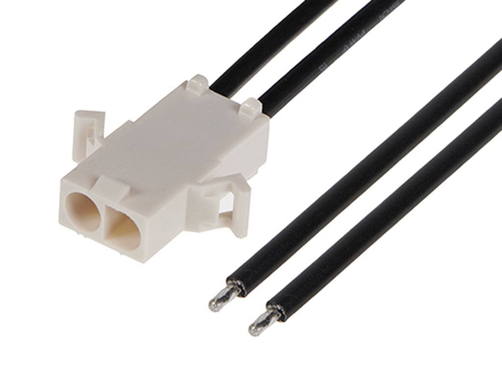 Bílý elektrický konektor se dvěma černými kabely s kovovými hroty vyčnívajícími z indikačního modulu.