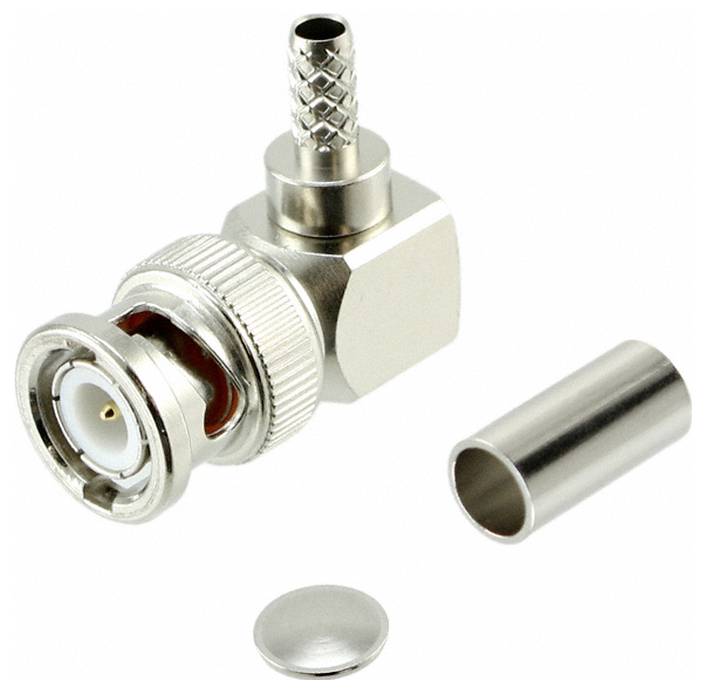 Konektor BNC do pravého úhlu s krimovacím připojením, kovový přeslenek a kontaktní pin.