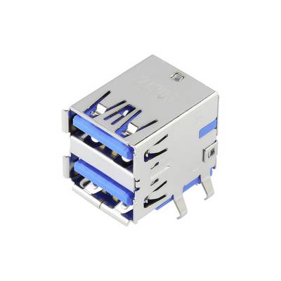 Duální USB konektor s modrým vnitřním provedením, namontovaný na kovovém pouzdře, často využívaný pro elektronická zařízení a přenos dat.
