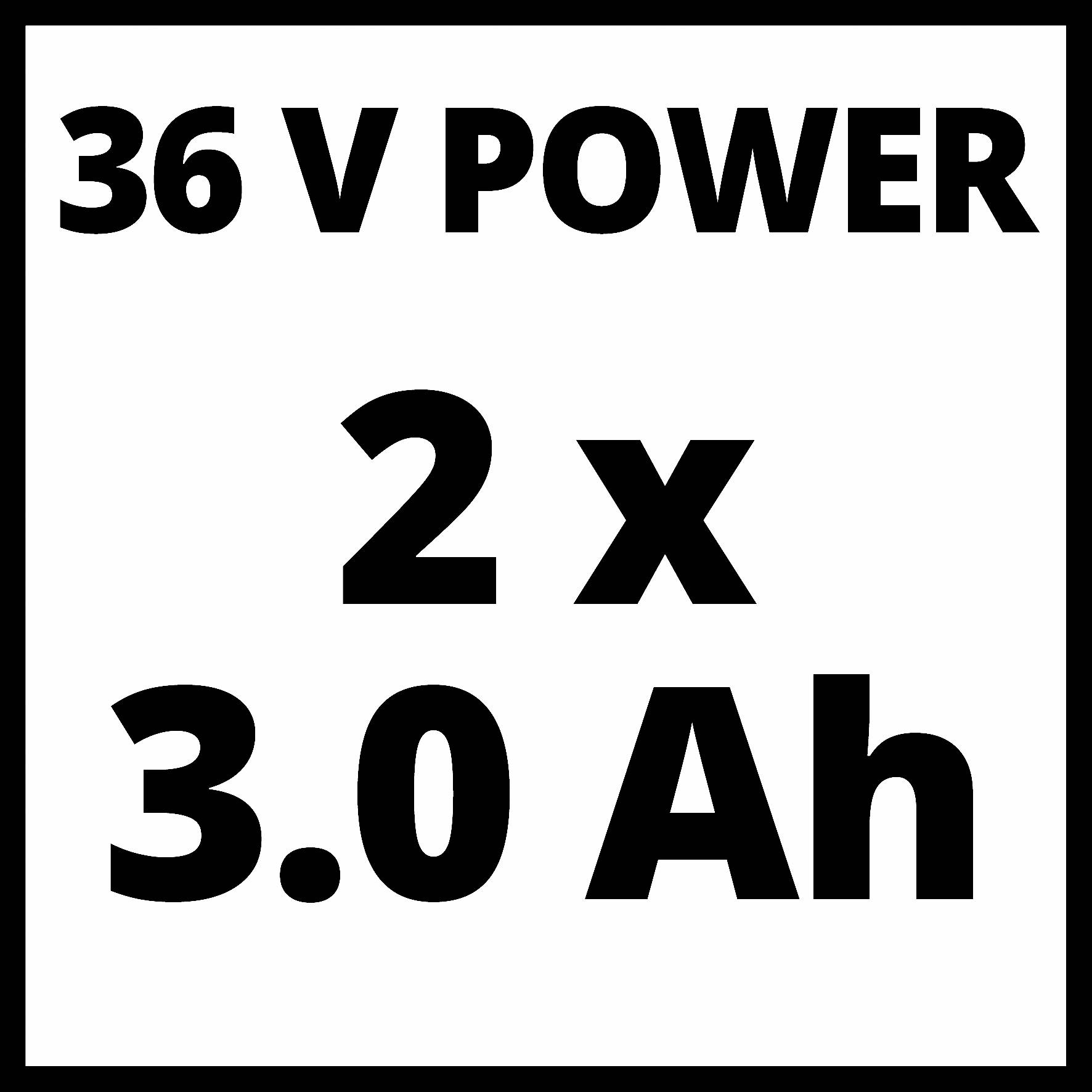 Na bílém pozadí je velkými písmeny napsáno „36 V POWER 2 x 3.0 Ah", což se vztahuje k výkonu akumulátoru.