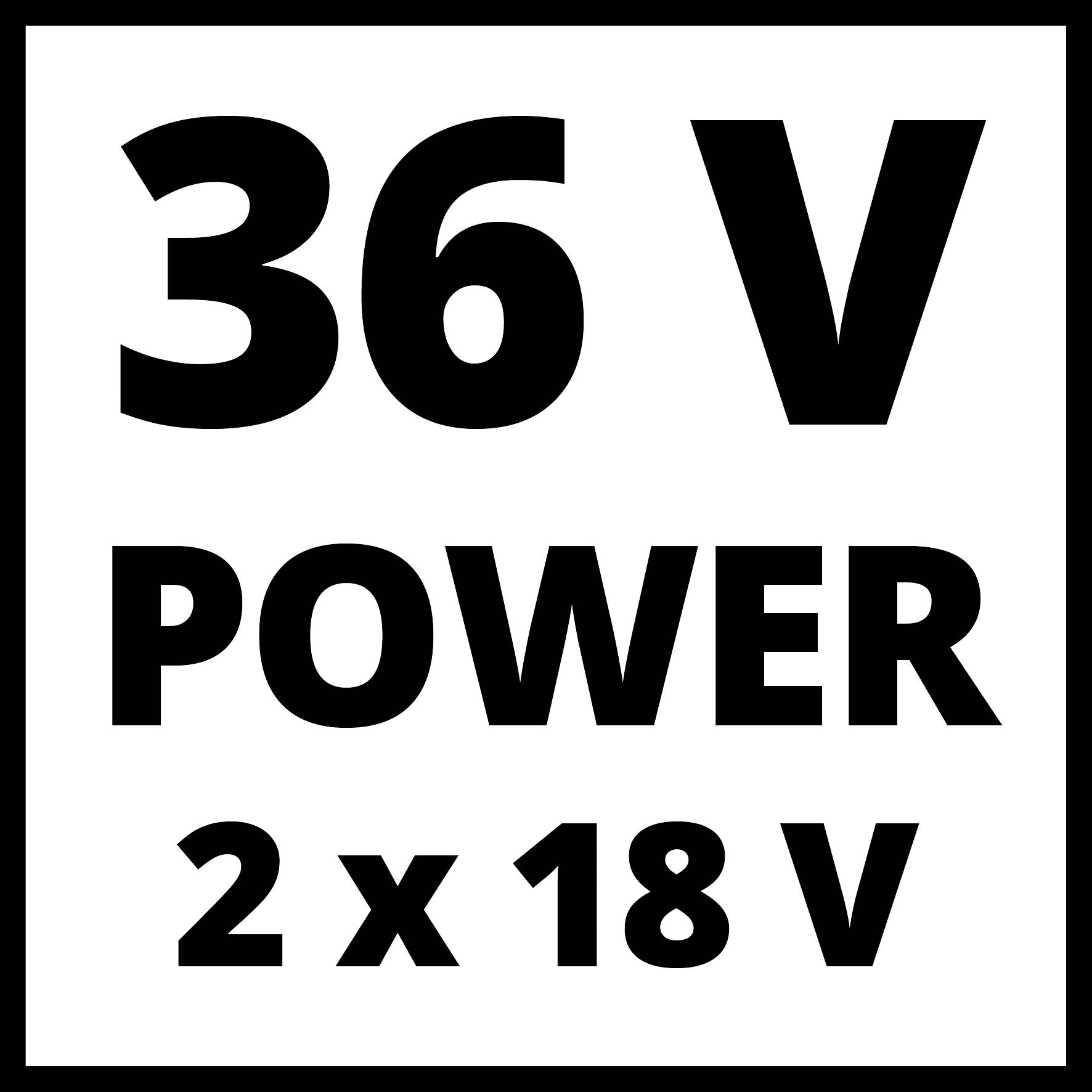 "36 V POWER 2 x 18 V" je napsáno velkým černým písmem na bílém pozadí a popisuje zdroj energie přístroje.