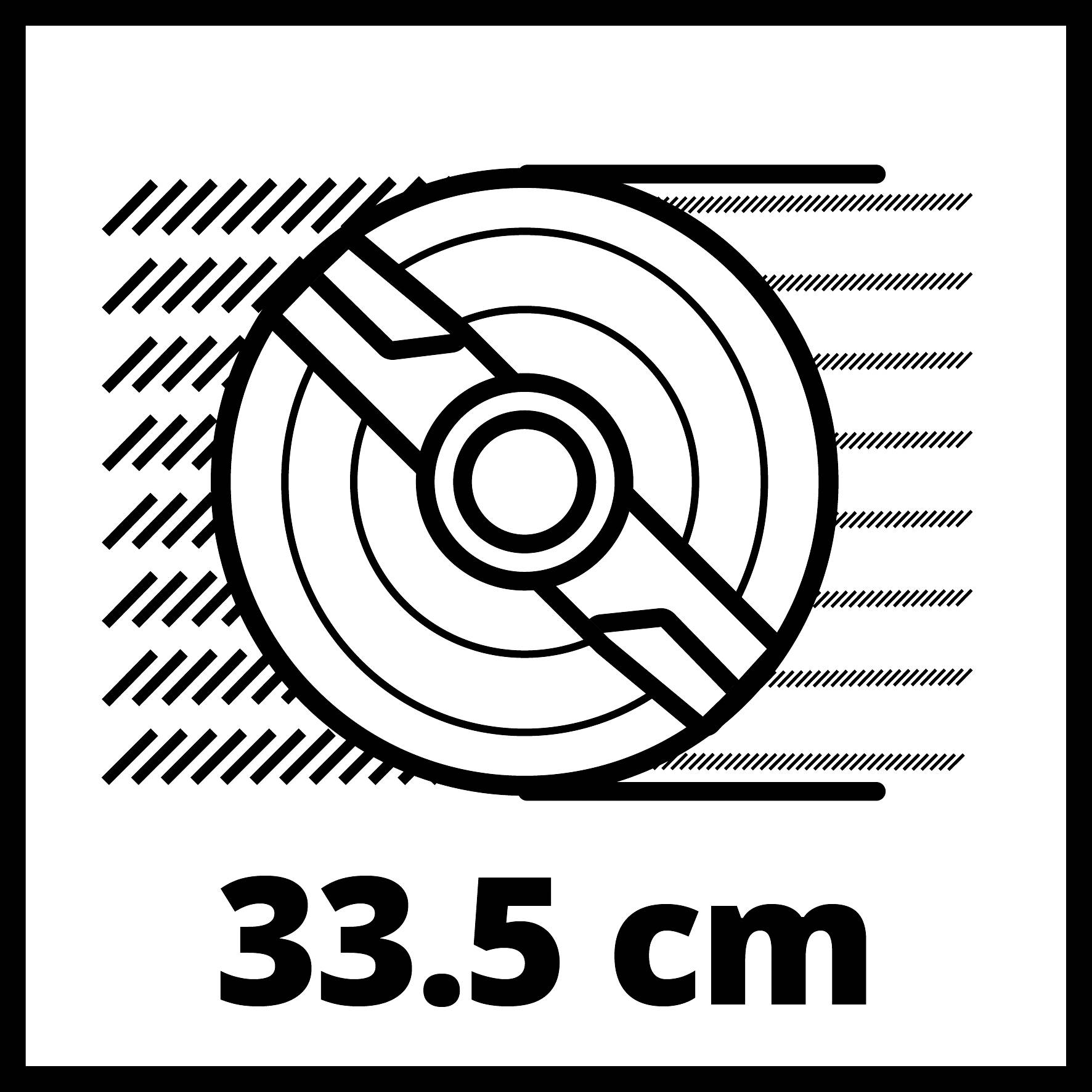 Stylizovaný obrázek rotujícího pilového kotouče. Pod ním údaj '33,5 cm', který uvádí velikost pilového kotouče.