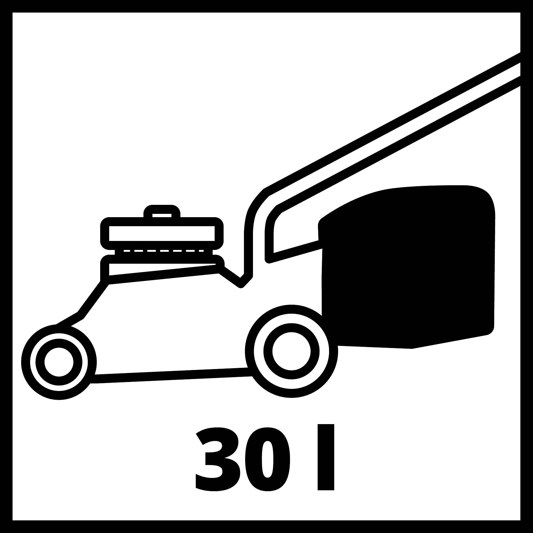 Symbol sekačky s rukojetí a sběrným košem; text: 30 l.