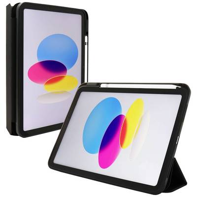 Tablet v černém pouzdře zobrazuje barevné, překrývající se kruhy na obrazovce a je umístěno ve dvou různých polohách.