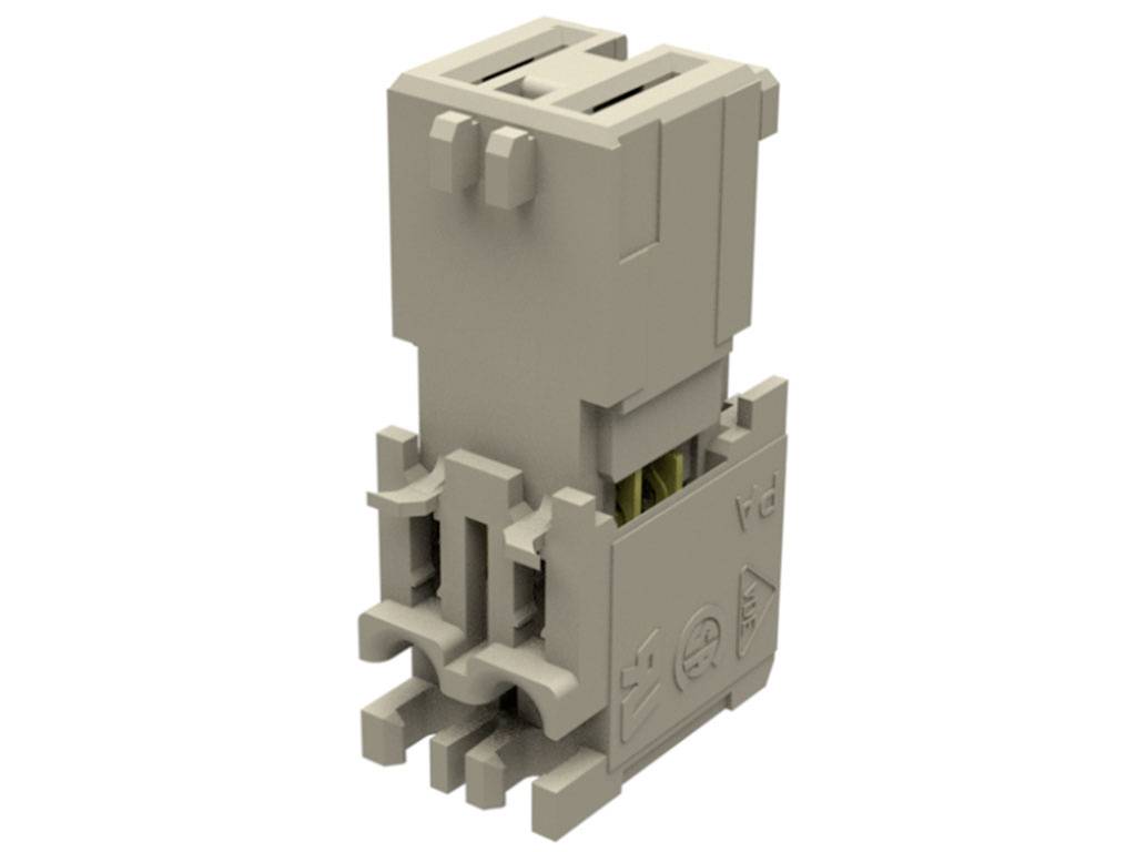 Šedý vícepolohový konektor používaný k elektrickému propojení v technickém zařízení.