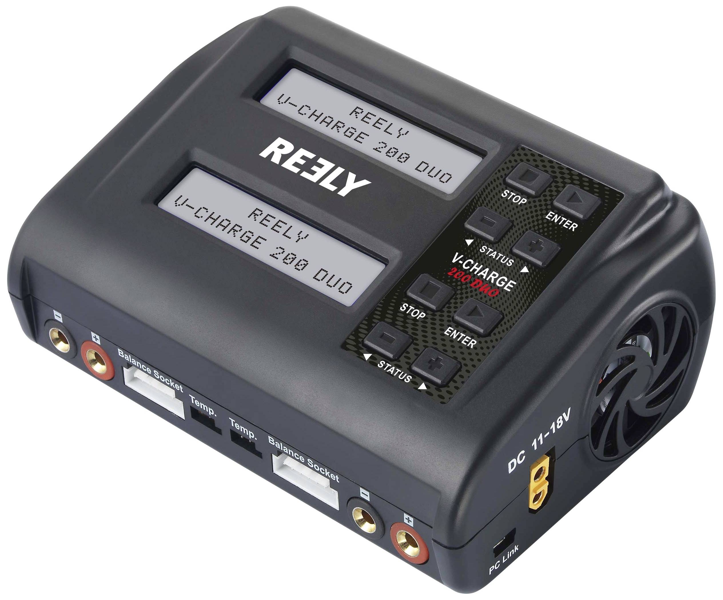 Černá, obdélníková nabíječka s nápisem Reely V-Charge 200 Duo, se dvěma displeji a několika funkčními tlačítky.